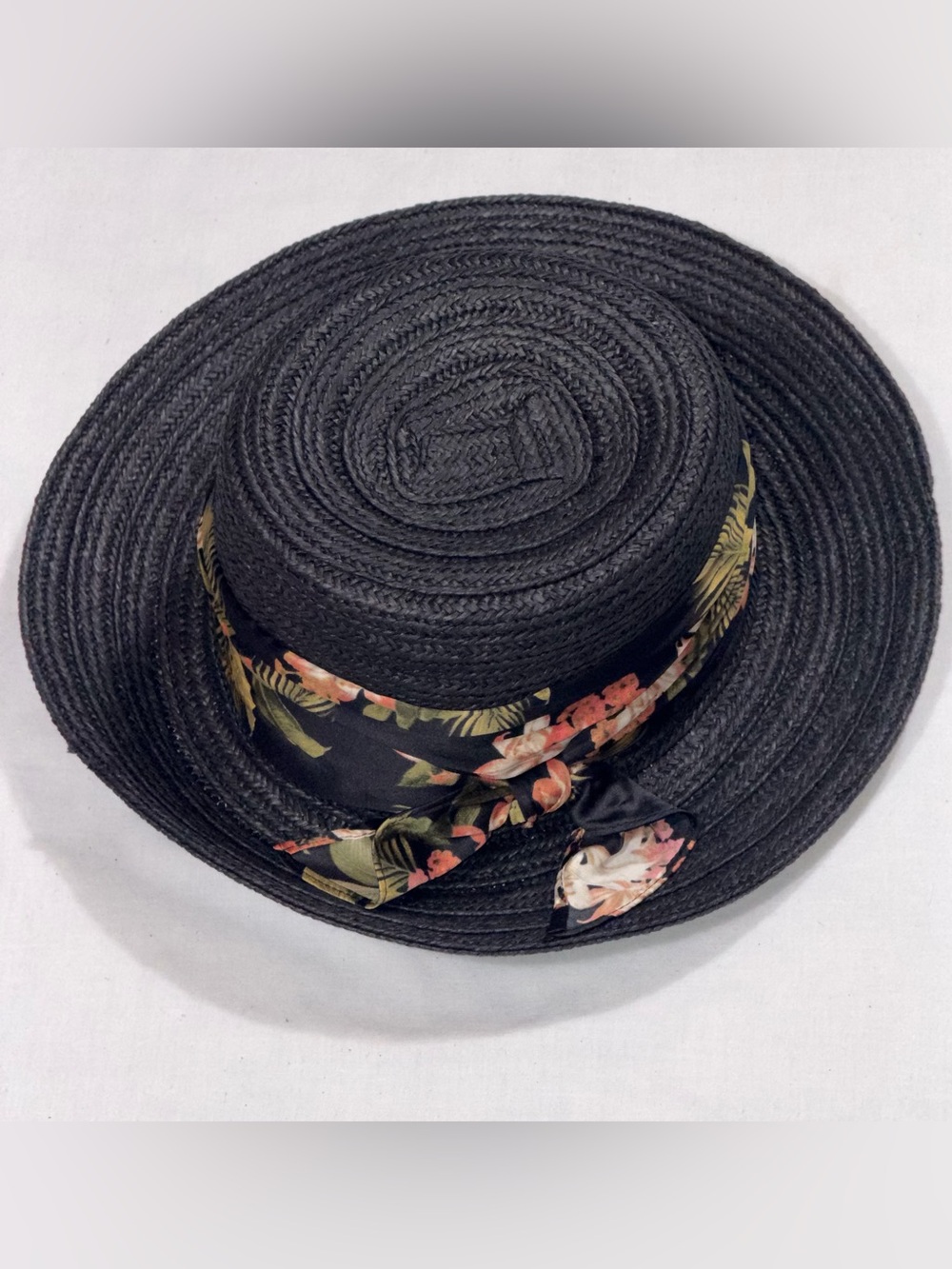 Time and Tru Black Straw Cloche Sun Hat Floral Scarf Accent Beach Vacation OS